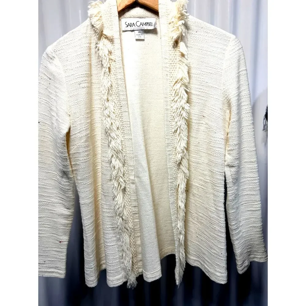 Sara Campbell Confetti Tweed Fringe Cardigan Jacket XS Ivory Knit Open USA Made